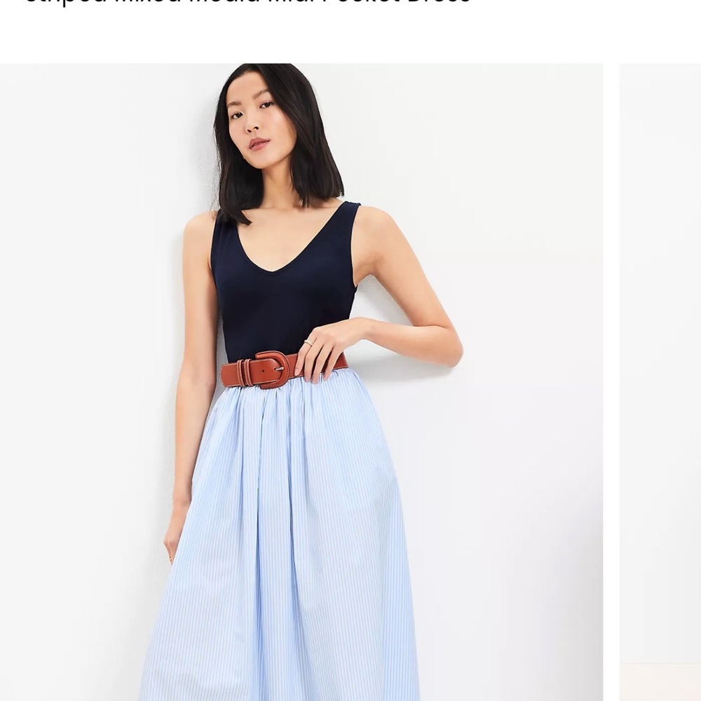 Loft Navy and Light Blue Striped Mixed Media Midi Pocket Dress sz 6 NWT